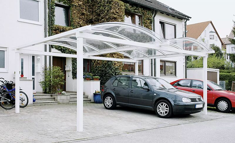 Pkw-Überdachung KALLISTO für 2 Pkw, Dachbreite x Dachtiefe 5120 mm x 5000 mm, Stahlkonstruktion in RAL 9010 reinweiß
