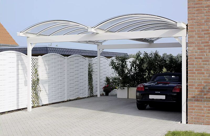 Pkw-Überdachung KALLISTO für 2 Pkw, mit auftragsbezogener Anpassung der Dachbreite x Dachtiefe 5120 mm x 6000 mm, Stahlkonstruktion in RAL 9010 reinweiß