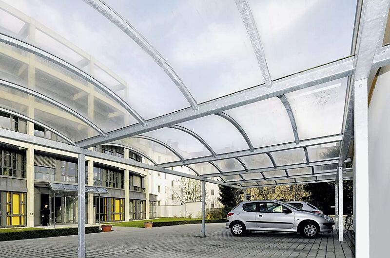 Pkw-Überdachung KALLISTO mit auftragsbezogener Anpassung für 6 Pkw, Dachbreite x Dachtiefe 15120 mm x 5000 mm, Dacheindeckung Polycarbonat, opal transparent, Stahlkonstruktion feuerverzinkt