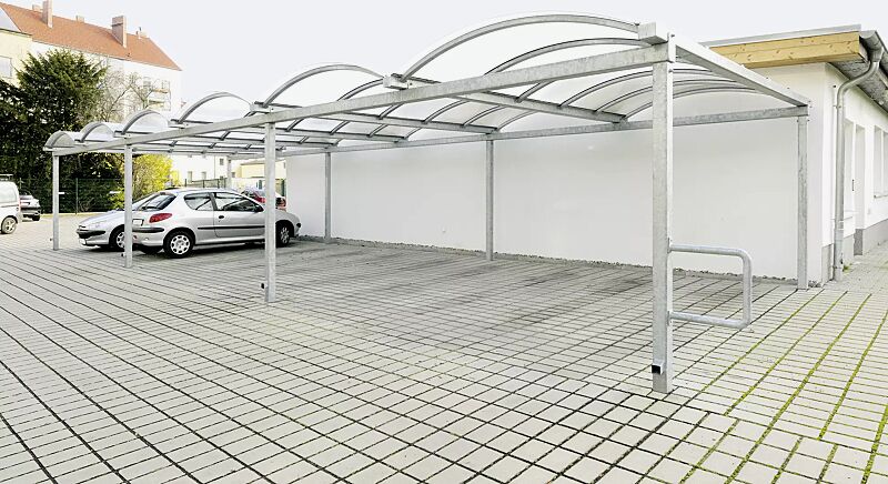 Pkw-Überdachung KALLISTO mit auftragsbezogener Anpassung für 6 Pkw, Dachbreite x Dachtiefe 15120 mm x 5000 mm, Dacheindeckung Polycarbonat, opal transparent, Stahlkonstruktion feuerverzinkt