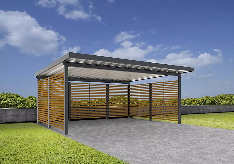 Pkw-Überdachung Z01, für 2 Pkw, Dachbreite x Dachtiefe 5600 mm x 5500 mm, Rück- und Seitenwände mit waagerechter Holzbelattung, Stahlkonstruktion in RAL 7016 anthrazitgrau