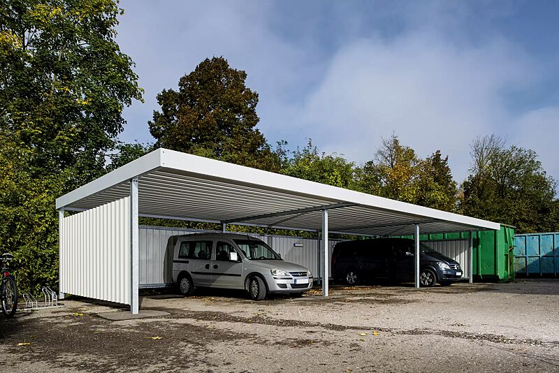 PKW-Überdachung Z02 für 6 Pkw, Dachbreite x Dachtiefe 15190 mm x 5810 mm, Rück- und Seitenwände mit Trapezblech, Stahlkonstruktion feuerverzinkt