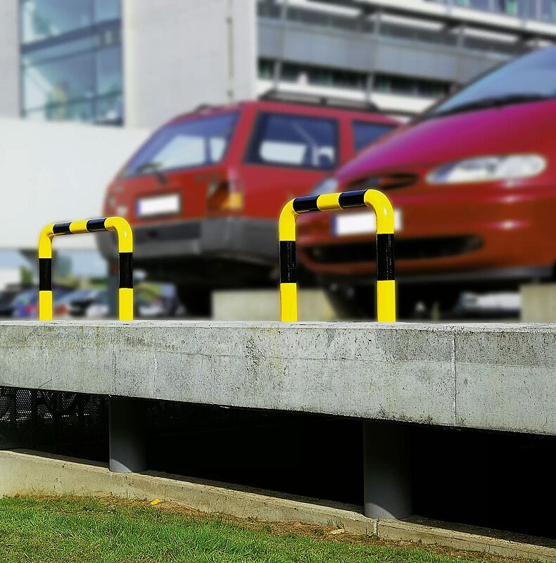 Rammschutzbügel KITEE, feuerverzinkt und gelb kunststoffbeschichtet mit schwarzen Signalstreifen