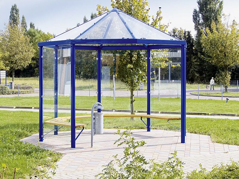 Raucherunterstand AQUA, Dachbreite x Dachtiefe 3300 mm x 3300 mm, Seitenwände aus ESG, Klarglas, Stahlkonstruktion in RAL 5017 verkehrsblauRaucherunterstand AQUA, Dachbreite x Dachtiefe 3300 mm x 3300 mm, Stahlkonstruktion feuerverzinkt und pulverbesch...