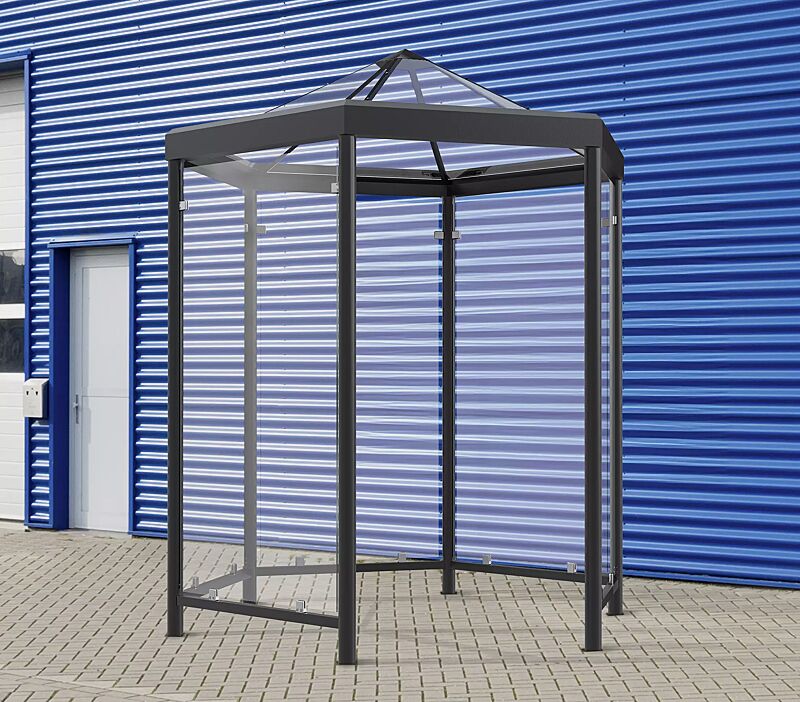 Raucherunterstand AQUARIUS MINI, Dachbreite x Dachtiefe 2344 mm x 2030 mm, inkl. 5 Seitenwände ESG, Klarglas, Dach VSG, Klarglas, Stahlkonstruktion in RAL 7016 anthrazitgrau