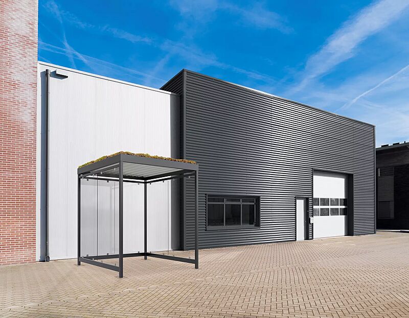 Raucherunterstand AQUILA GREEN, Dachbreite x Dachtiefe 2165 mm x 2165 mm, mit Rück- / Seitenwände sowie Windschutzwand links, Stahlkonstruktion in RAL 7016 anthrazitgrau Raucherunterstand AQUILA GREEN, Dachbreite x Dachtiefe 2165 mm x 2165 mm, Stahlkon...