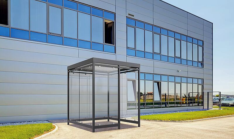 Raucherunterstand AQUILA, Dachbreite x Dachtiefe 2165 mm x 2165 mm, mit Rück- / Seitenwände sowie Windschutzwand links, Stahlkonstruktion in RAL 7016 anthrazitgrau Raucherunterstand AQUILA, Dachbreite x Dachtiefe 2165 mm x 2165 mm, Stahlkonstruktion fe...