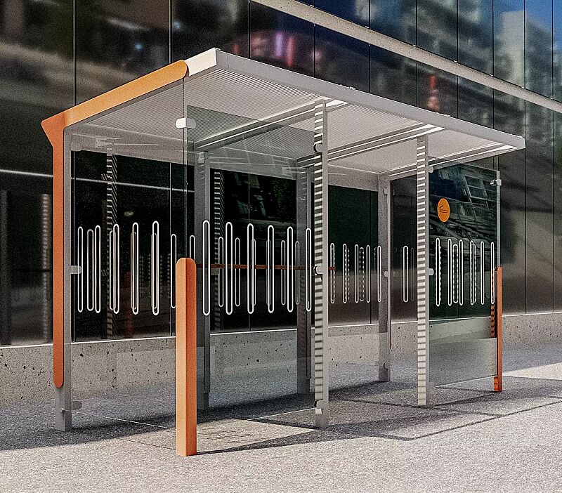 Raucherunterstand AUREO, Dachbreite x Dachtiefe 4220 x 1855 mm, mit Rück-, Seiten- und Windschutzwänden ESG, Klarglas mit Siebdruckdekor und Ablageboard, Dach mit Siebdruckstreifen, vordere Seitenwandblende und -pfosten in RAL 2004 reinorange, Stahlkon...