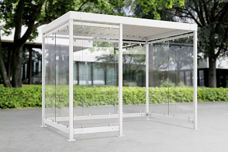 Raucherunterstand BOOTIS, Dachbreite x Dachtiefe 3180 mm x 2165 mm, mit Rück- und Seitenwänden sowie Windschutzwand links, Stahlkonstruktion in RAL 9002 grauweiß