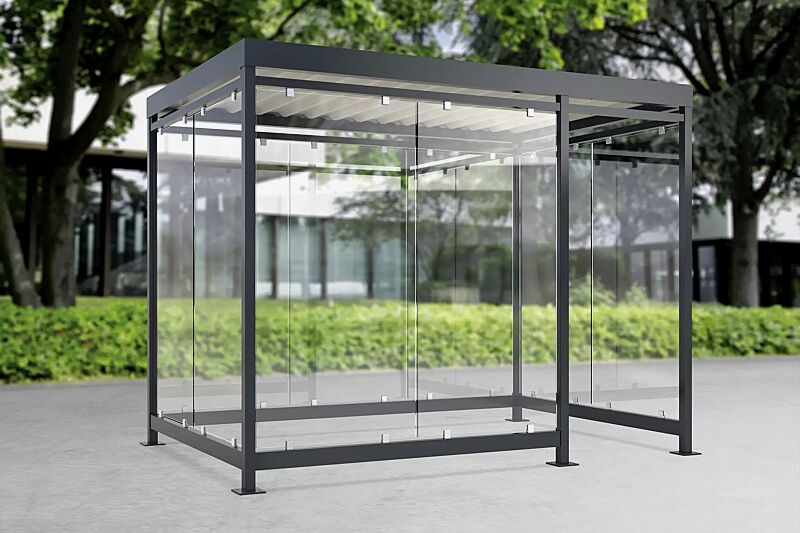 Raucherunterstand BOOTIS, Dachbreite x Dachtiefe 3180 mm x 2165 mm, mit Rück- und Seitenwänden sowie 2 Windschutzwänden links (auftragsbezogene Anpassung), Stahlkonstruktion in RAL 7016 anthrazitgrau