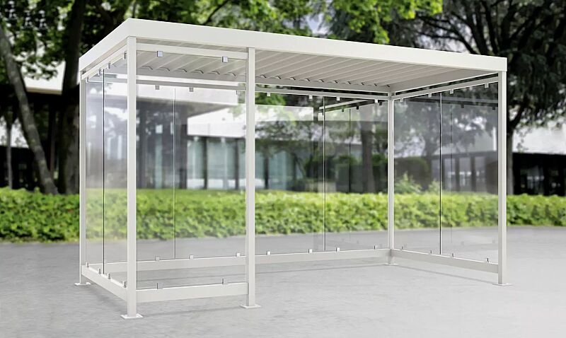 Raucherunterstand BOOTIS, Dachbreite x Dachtiefe 4195 mm x 2165 mm, mit Rück- und Seitenwänden sowie Windschutzwand links, Stahlkonstruktion in RAL 9002 grauweiß