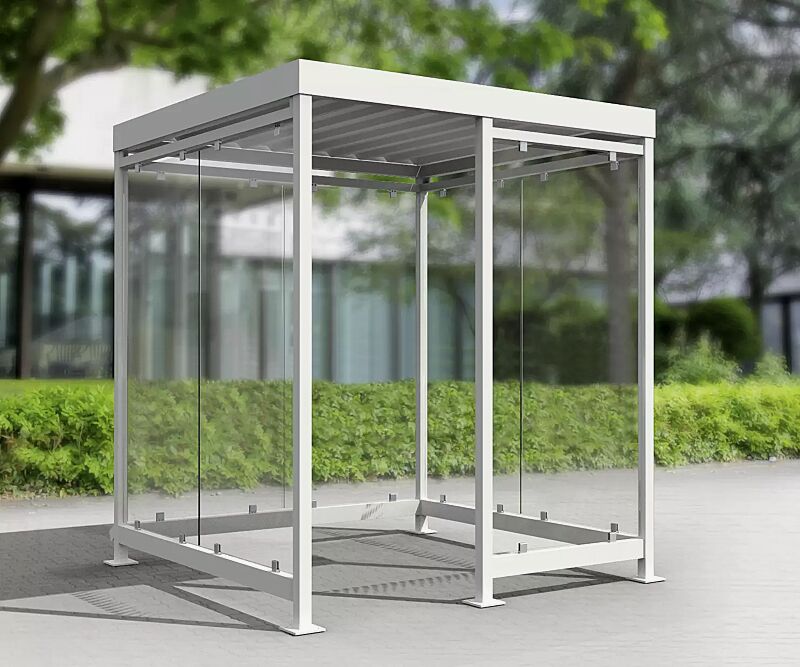 Raucherunterstand BOOTIS, Dachbreite x Dachtiefe 2165 mm x 2165 mm, Stahlkonstruktion feuerverzinkt und pulverbeschichtet, mit Rück- und Seitenwänden sowie Windschutzwand rechts