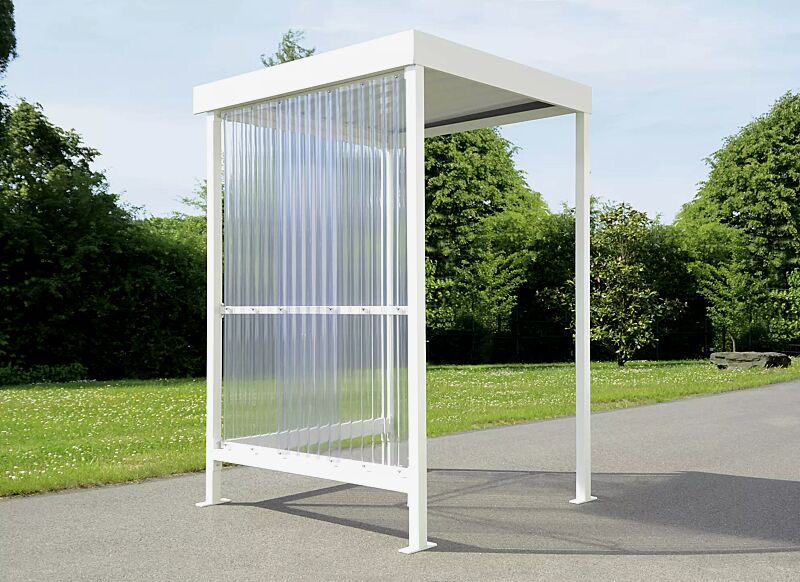 raucherunterstand-cigar__shoKAT0054654 Raucherunterstand CIGAR, Dachbreite x Dachtiefe 1720 mm x 1580 mm, inklusive Rück- / Seitenwände, mit integrierter Anlehnmöglichkeit, Stahlkonstruktion in RAL 9002 grauweiß