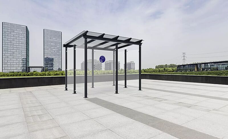 Raucherunterstand PEGASUS, Dachbreite x Dachtiefe 3300 mm x 2400 mm, Rück-/Seiten-/Windschutzwand ESG, Aufkleber Zigarette, Klarglas, Stahlkonstruktion in RAL 7016 anthrazitgrau