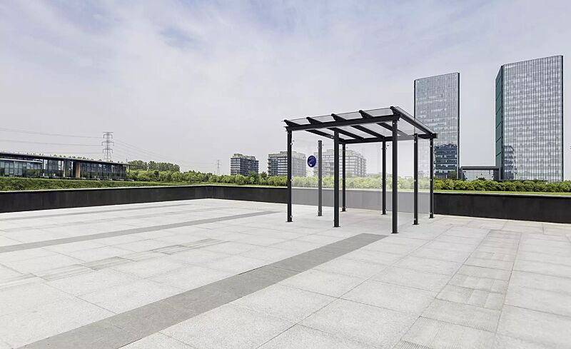 raucherunterstand-pegasus__shoKAT0075608 Raucherunterstand PEGASUS, Dachbreite x Dachtiefe 3300 mm x 2400 mm, Rück-/Seiten-/Windschutzwand ESG, Aufkleber Zigarette, Klarglas, Stahlkonstruktion in RAL 7016 anthrazitgrau