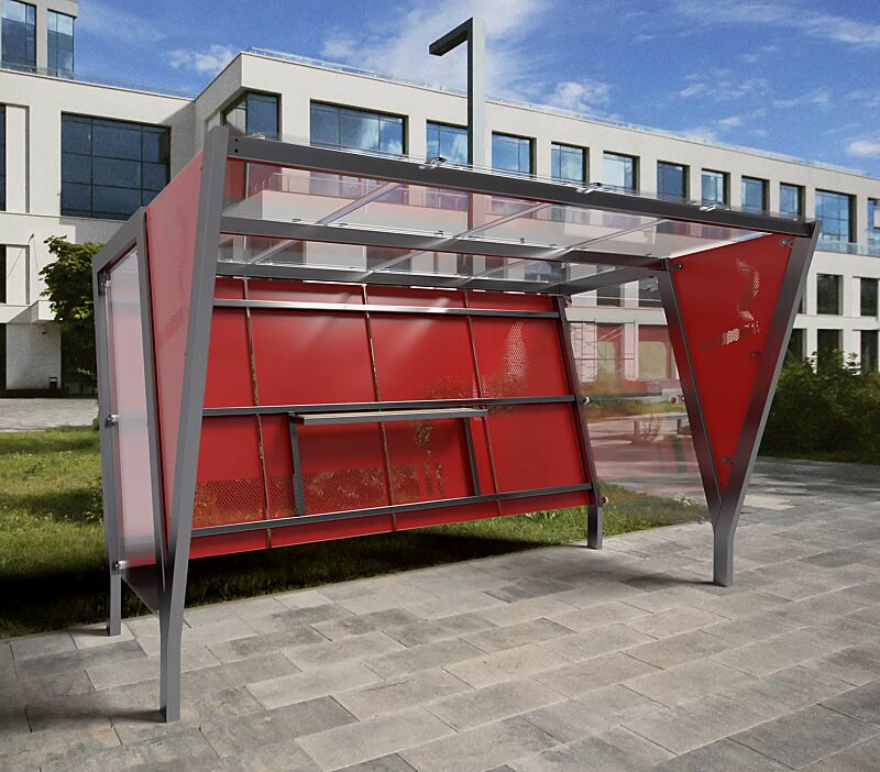 Raucherunterstand TAURI, mit Pultdach, Dachbreite x Dachtiefe 3940 mm x 2500 mm, Dacheindeckung VSG, Rückwand perforiertes Stahlblech, Seitenwand ESG, Klarglas bzw. perforiertem Stahlblech, Stahlkonstruktion in RAL 9006 weißaluminium