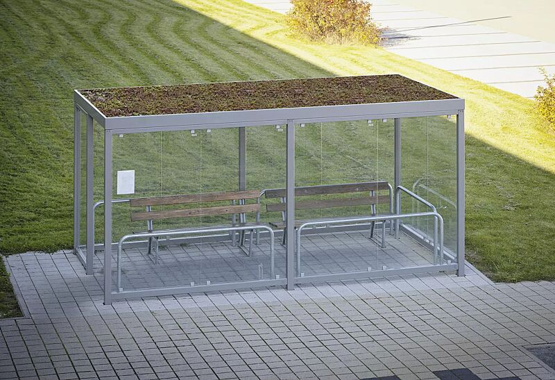 raucherunterstand-tobacco-green__shoKAT0063083 Raucherunterstand TOBACCO, Dachbreite x Dachtiefe 4700 mm x 2400 mm, mit Dachbegrünungswanne (Sedummatten bauseits), Stahlkonstruktion in RAL 9002 grauweiß