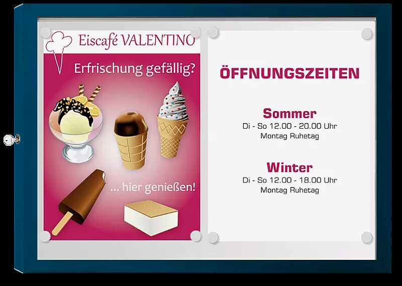 Schaukasten CHOIS, Querformat, für 8 x DIN A4, Alu in RAL 5001 grünblau