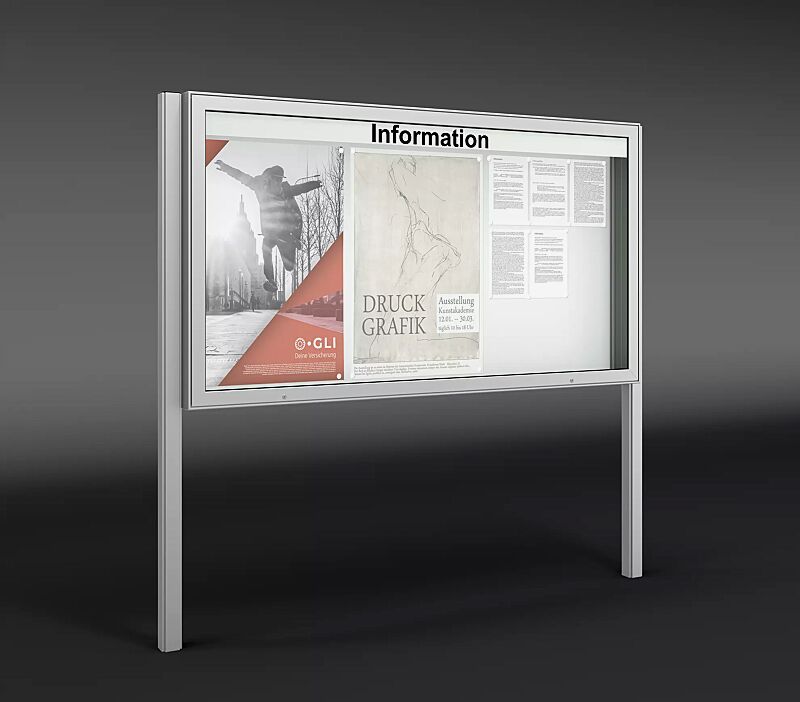 Schaukasten PATRAS zum Einbetonieren, Bautiefe 210 mm, für 27 x DIN A4, mit Beschriftung (Zubehör), Alu silber