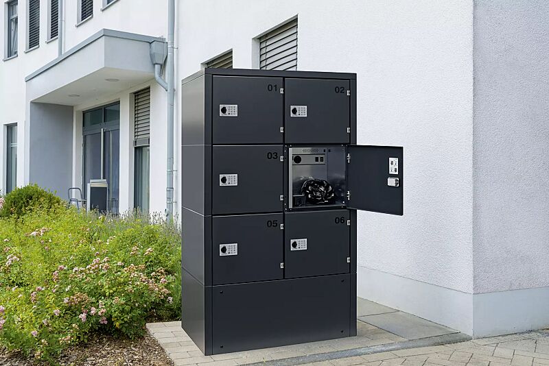 schliessfachanlage-secure__shoKAT0068282 Schließfachschrank SECURE auf Sockelunterbau, 6 Schließfächer mit Elektroinstallation, Türverriegelung mittels PIN-Code-Schloss, Stahlkonstruktion in RAL 7016 anthrazitgrau