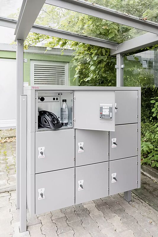 schliessfachanlage-secure__shoKAT0076165 Schließfachanlage SECURE, 9 Fächer mit Elektroinstallation, Türschließung mittels Münzpfandschloss, Stahlkonstruktion in RAL 9007 graualuminium