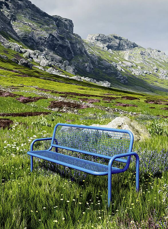 Seniorenbank RIMINI mit Rücken- und Armlehnen, zum Einbetonieren, in RAL 5015 himmelblau