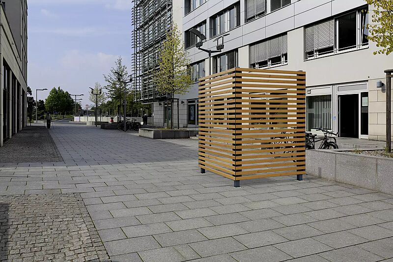 Sichtschutzwand MURO, Breite 1500 mm x Tiefe 1500 mm, vorgehangene Wandelemente mit umlaufender Holzbelattung Fichte waagerecht, Stahlkonstruktion RAL 7016 anthrazitgrau