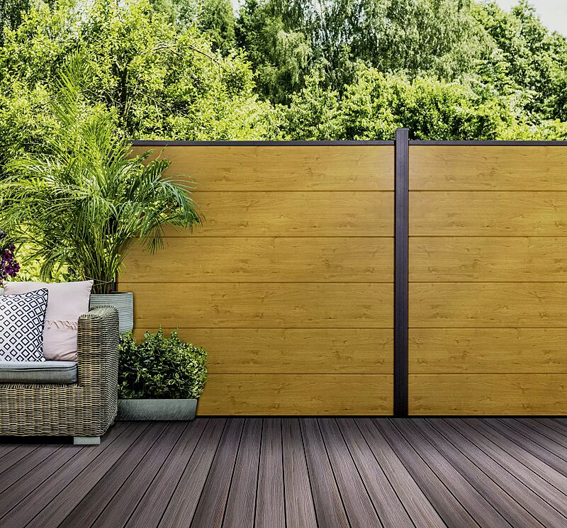 sichtschutzwand-wexford__shoKAT0073065 Sichtschutzwand WEXFORD, Ausführung BASIC, Pfosten in DB 703 eisenglimmer, Wandelemente foliert in asteiche natur