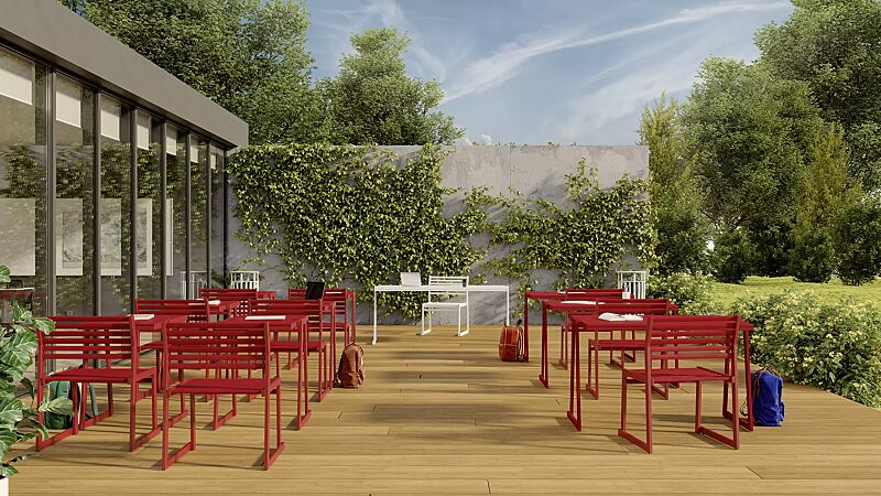 sitz-cortina__shoKAT0070393 Sitze CORTINA mit Rückenlehne und Tische CORTINA, zum freien Aufstellen, in RAL 3000 feuerrot