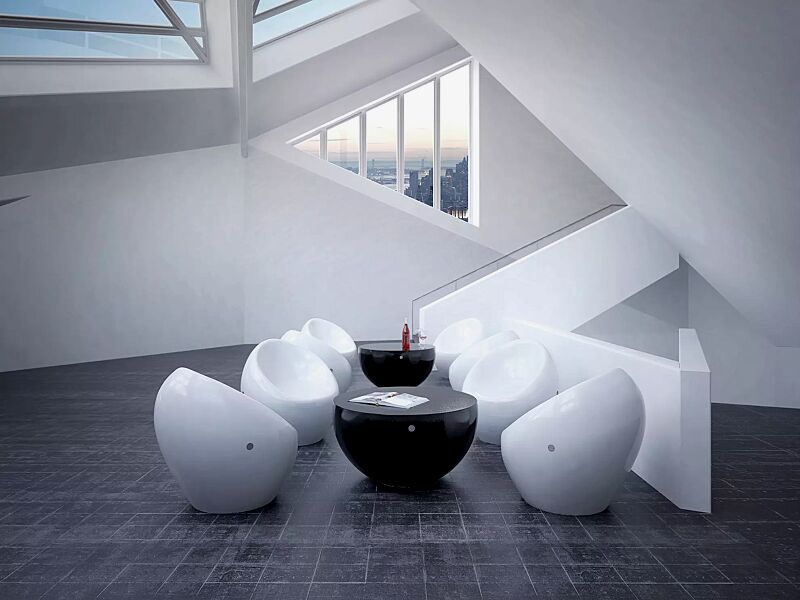 sitz-cuddly__shoKAT0037427 Sitze CUDDLY zum freien Aufstellen, aus Beton, in RAL 9010 reinweiß und Tisch FAMILY zum freien Aufstellen, aus Beton, in RAL 9005 tiefschwarz