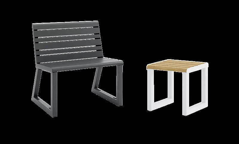 Sitz MANTUA mit Rückenlehne in eisenglimmergrau und Sitz MANTUA ohne Rückenlehne, Aluminium in natürlichem Eschenholzoptik-Effekt, Stahlteile in RAL 9003 signalweiß