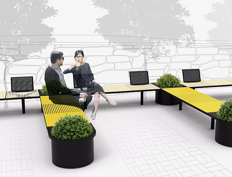 sitz-pixel-cit%C3%A9__shoKAT0060689 Sitz PIXEL CITÈ, bestehend aus verschiedenen Segmenten, in Holz- und Stahlausführung, mit Rückenlehne und Pflanzbehälter (Zubehör)