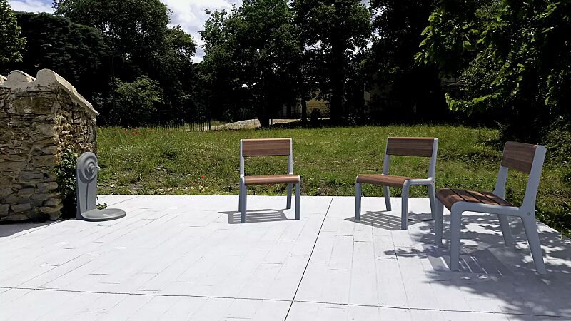 Sitz TEO mit Rückenlehne, Gusseisenteile in RAL 7035 lichtgrau