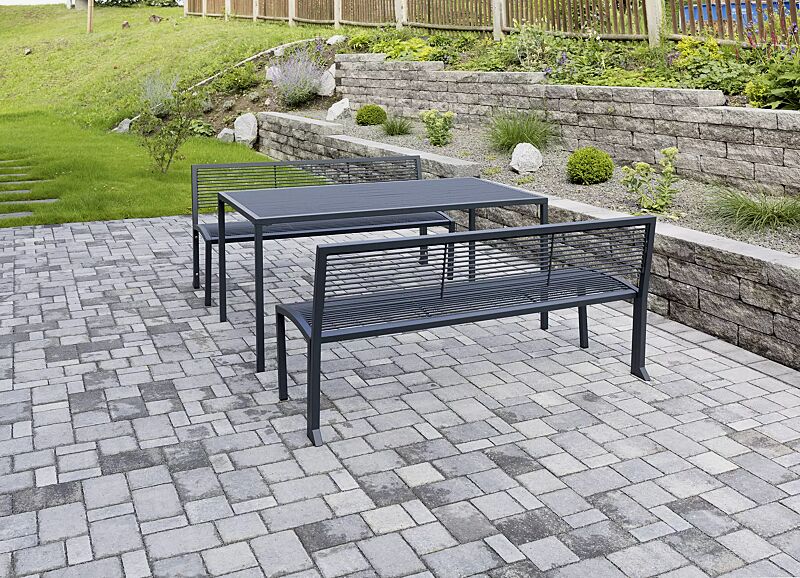 Sitzbänke CAMILLA mit Rückenlehne und Tisch CAMILLA, in RAL 7016 anthrazitgrau