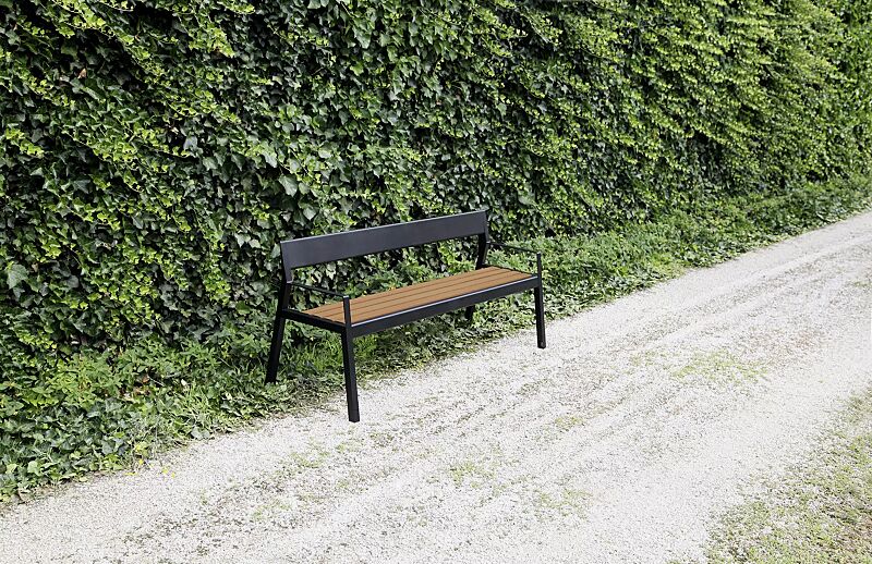 Sitzbank CASTEO mit Rückenlehne und Armlehnen, mit Hartholzbelattung, Stahlteile in RAL 9005 tiefschwarz