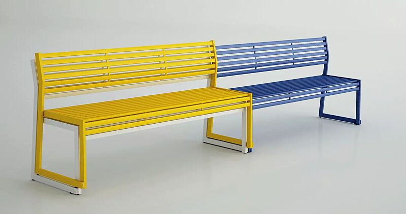 sitzbank-cortina__shoKAT0070379 Sitzbänke CORTINA mit Rückenlehne, zum freien Aufstellen, Breite 1800 mm, in RAL 1004 goldgelb sowie RAL 5023 fernblau