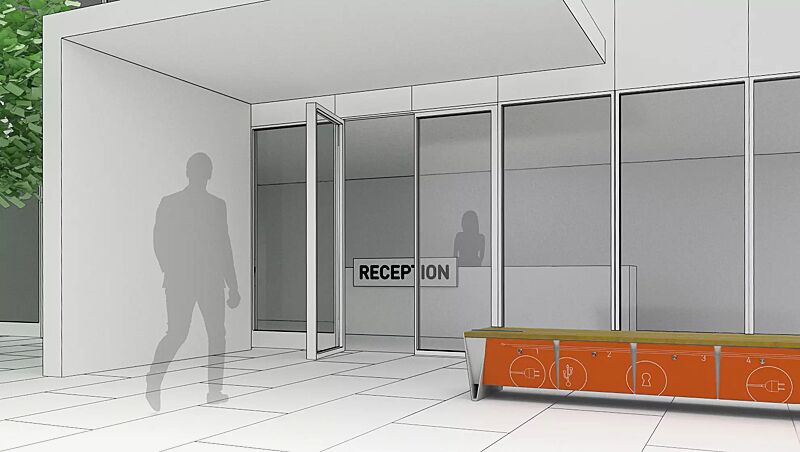 sitzbank-eblocq__shoKAT0061352 Sitzbank EBLOCQ mit Robinienholzbelattung, mit Zylinderschloss, Stahteile in RAL 9006 weißaluminium, Türen in RAL 2004 reinorange