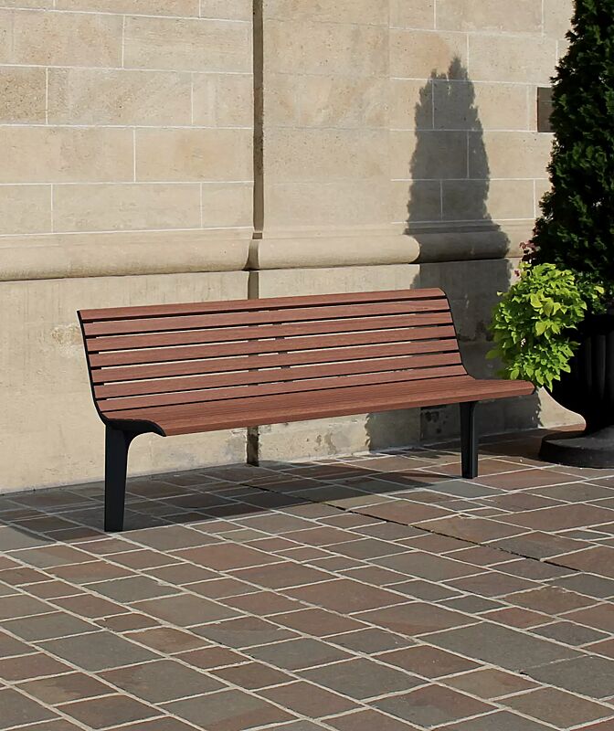 Sitzbank EMAU SOLO mit Rückenlehne, mit Jatobaholzbelattung, Unterkonstruktion in RAL 7016 anthrazitgrau (auf Anfrage)