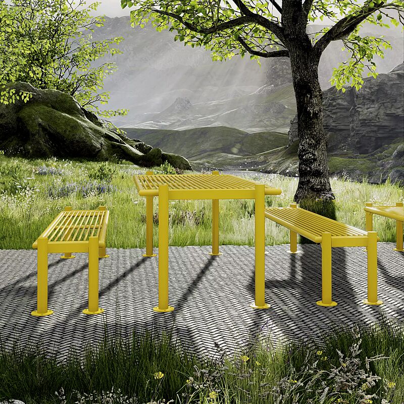 Sitzbänke GLURNS ohne Rückenlehne Tisch GLURNS, in RAL 1018 zinkgelb