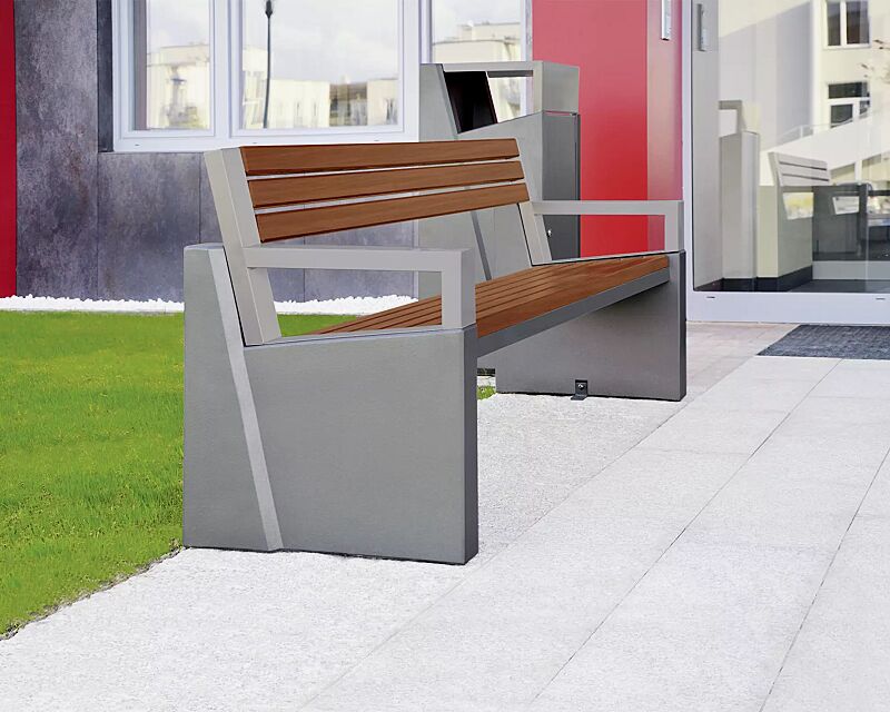 Sitzbank INTAL mit Rückenlehne, Stahlteile in RAL 9007 graualuminium, Beton beschichtet in grau