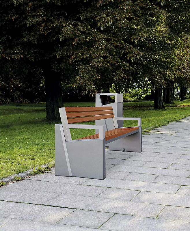 sitzbank-intal__shoKAT0039667 Sitzbank INTAL mit Rückenlehne, Stahlteile in RAL 9007 graualuminium, Beton beschichtet in grau