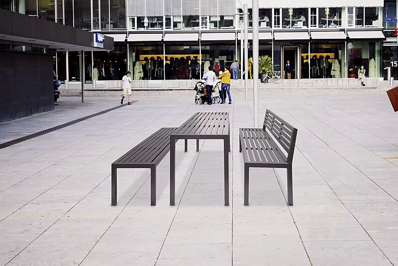 Sitzbank LIGURIA mit und ohne Rückenlehne, zum freien Aufstellen, mit Stahlauflage sowie Tisch LIGURIA, in DB 703 eisenglimmer