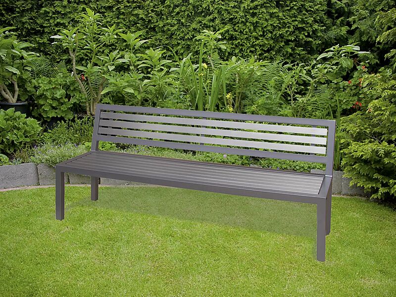 Sitzbank LIGURIA mit Rückenlehne, zum freien Aufstellen, mit Edelstahlauflage, Stahlgestell in DB 703 eisenglimmer