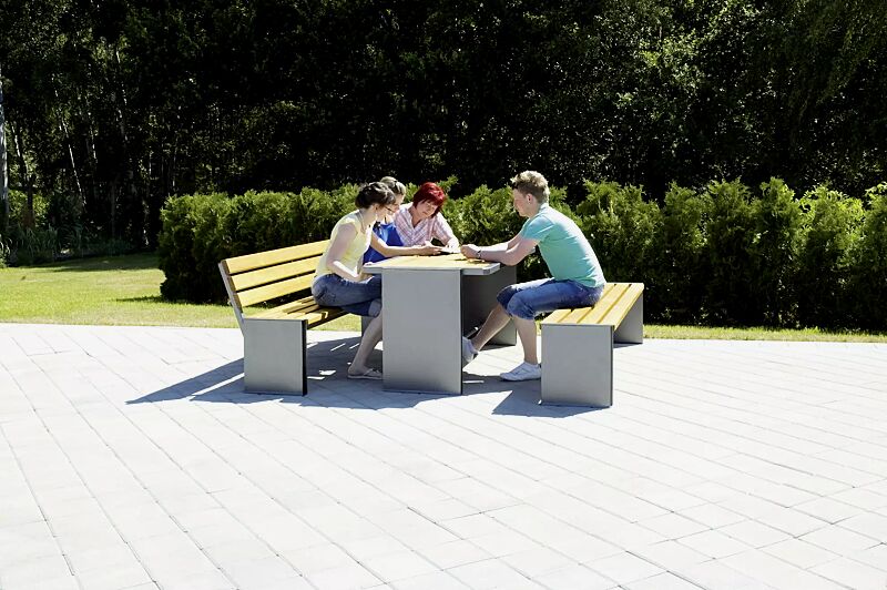 Sitzbänke NATURA ohne und mit Rückenlehne und Tisch NATURA, mit Eschenholzbelattung, Stahlteile in RAL 7016 anthrazitgrau