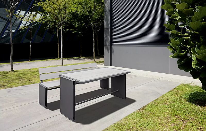Sitzbank NATURA mit Rückenlehne und Tisch NATURA, mit WPC-Belattung, Stahlteile in RAL 7016 anthrazitgrau