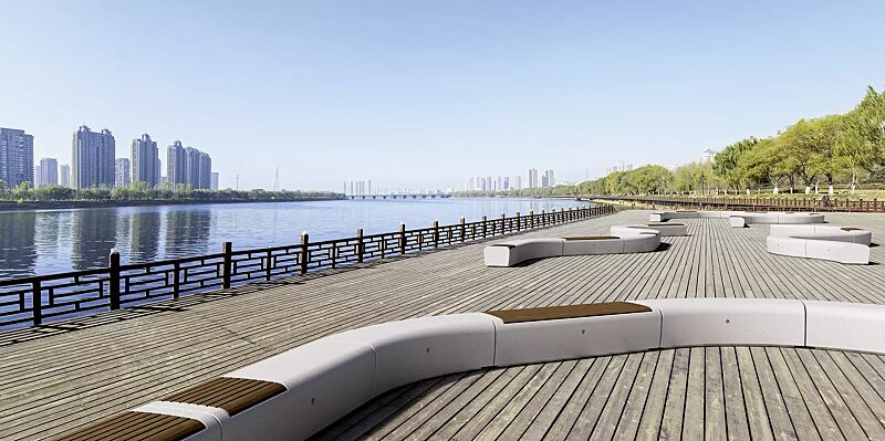 sitzbank-onda__shoKAT0041609 Sitzbänke ONDA aus Beton, gerade oder gebogen, wahlweise mit Okouméholzbelattung (durchgehende Holzauflage auf Anfrage), in Granitoptik weiss