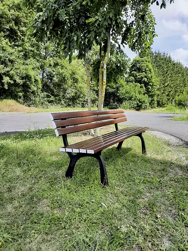 sitzbank-ordona__shoKAT0071023 Sitzbank ORDONA mit PVC-Kunststoffbelattung mit Holzeinlage, in mahagonibraun ähnlich RAL 8016