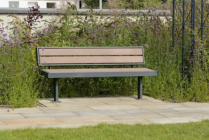 Sitzbank PRASEM mit Rückenlehne, Stahlteile in RAL 7016 anthrazitgrau