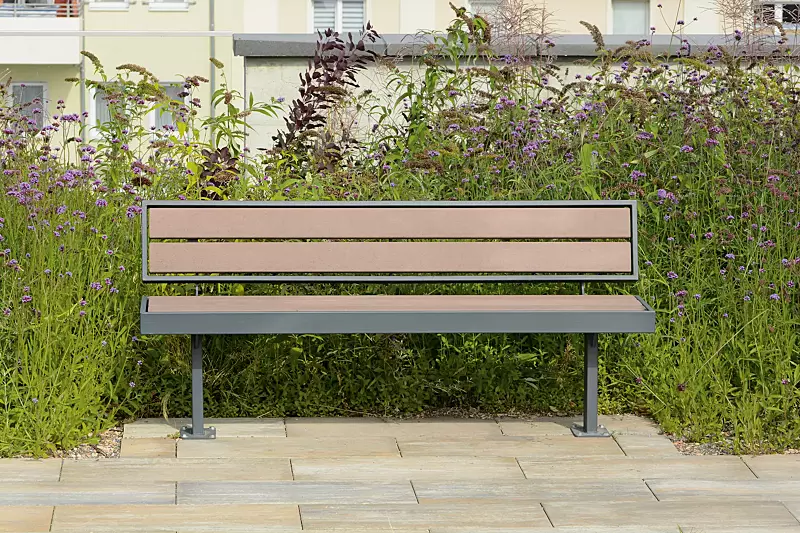 Sitzbank PRASEM mit Rückenlehne, Stahlteile in RAL 7016 anthrazitgrau