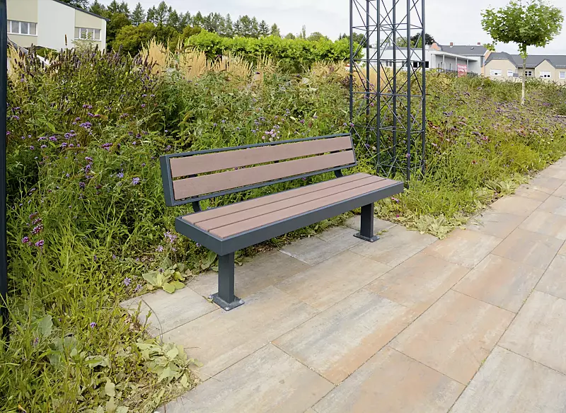 Sitzbank PRASEM mit Rückenlehne, Stahlteile in RAL 7016 anthrazitgrau